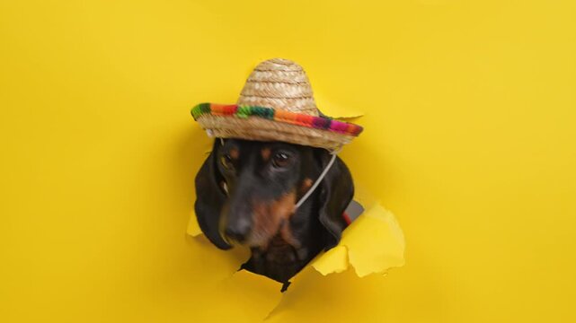 A black and tan dachshund dog in a small straw sombrero with colorful trim pokes out of a ripped hole in a bright yellow paper wall, tilting its head and looking curiously at the viewer.