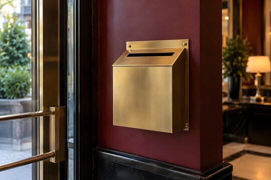 Brass hotel key drop box mounted near a boutique lobby entrance