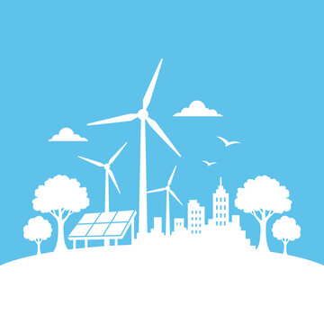 Eco Friendly Smart City and Clean Renewable Energy Vector Illustration - Sustainable Urban Development Concept with Wind Turbines, Solar Panel, City Skyline, and Trees on Sky Blue Background