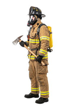 Firefighter in full protective gear holding an axe profile view
