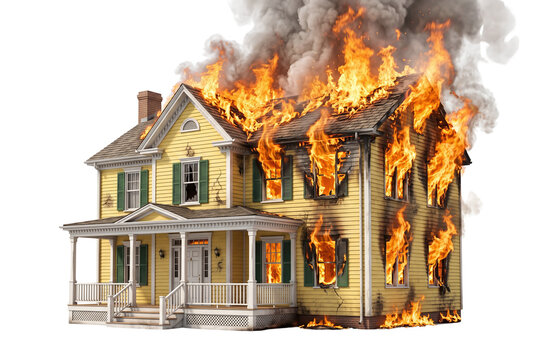 Two story yellow residential house fully engulfed in raging fire and heavy smoke