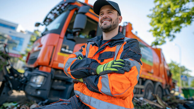 experienced sanitation worker wearing a fluorescent safety jacket and protective gloves standing beside an orange garbage truck during a city waste collection shift, large vehicle clearly visible, c