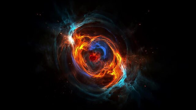 Cosmic Vortex Swirling with Fiery Orange and Electric Blue Energy in Deep Space Abstract Background
