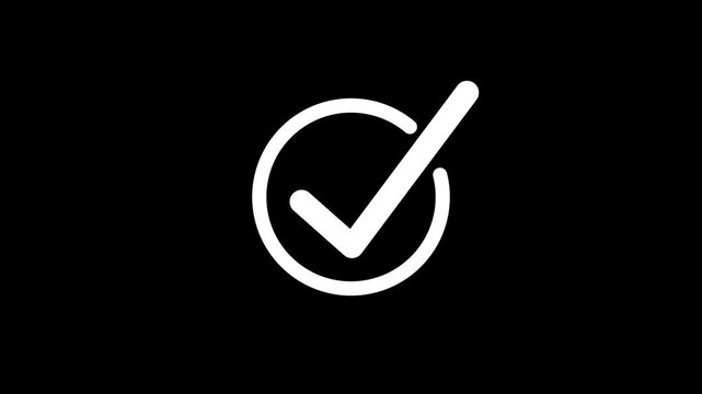 White check mark in circle animation, check mark inside a circular outline on a black background, representing approval, completion, confirmation, success, or verified status.