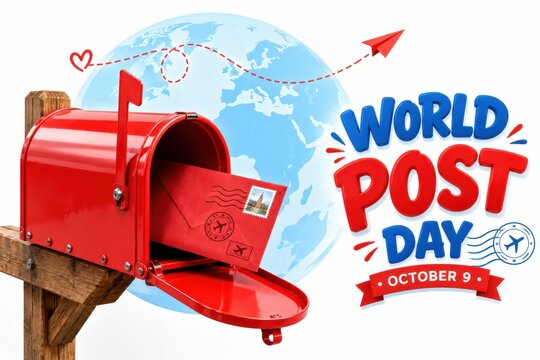 Red mailbox receiving envelope during World Post Day celebration against globe backdrop with paper plane