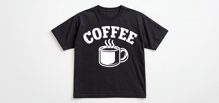 Coffee-themed T-shirt design with bold lettering and a steaming mug graphic, ideal for casual wear and coffee lovers&rsquo; merchandise.