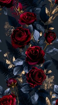 Dark crimson roses and black foliage with gold leaf pattern