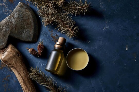 Rustic beard grooming essentials featuring natural oil tin balm alongside vintage hand axe with evergreen sprigs weathered dark textured background