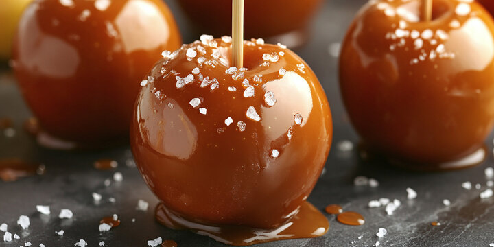 Delicious homemade caramel apples covered in shiny sweet sauce and coarse salt on a dark table surface for autumn seasonal festival celebration themes holiday party snacks dessert food photography dis