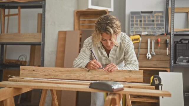 Woman measuring a wooden plank with a tape measure and marking a cut line on the board in a woodworking studio surrounded by tools and sawhorses; craft concentration.