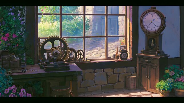 Clockmaker workshop with gears and large grandfather clock