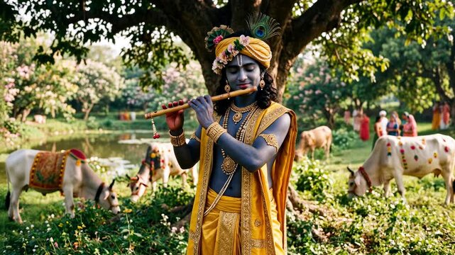 Sacred avatar melody: Lord Krishna, play bansuri, serene Govinda, holy cow, look forward, gold ornament, peacock feather, yellow dhoti, blue skin, divine shepherd, Vrindavan forest.