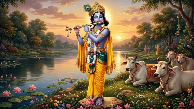 Vrindavan pasture scene: Lord Krishna, Sri Govinda, divine Gopala, sacred Madhava, play flute, stand riverbank, serene cow, holy Keshava, golden sunset, bloom lotus, watch peacock.