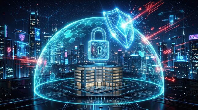 A futuristic cityscape with a glowing blue dome protecting a building.