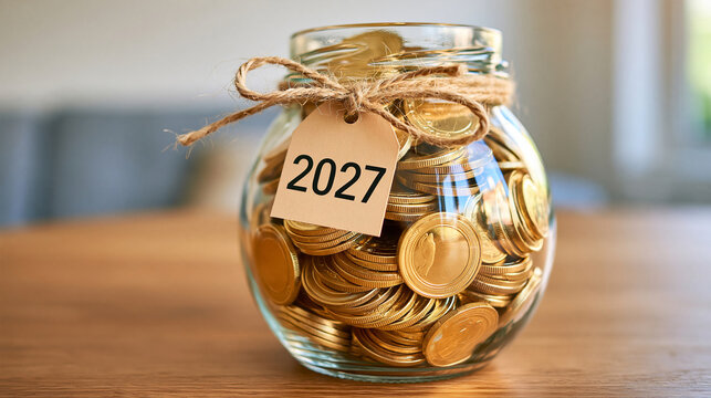 clear glass savings jar filled with gold toned coins and finished with a hanging paper tag labeled "2027", natural twine tied around the jar neck, reflective coin edges catching soft daylight, posit