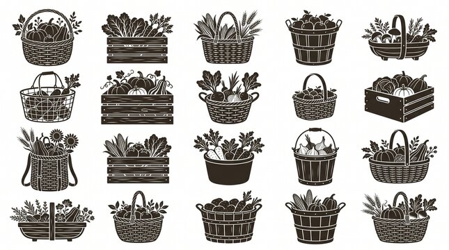 Harvest basket icon collection featuring vegetables, pumpkins, produce crates, farm harvest containers, rustic silhouette illustrations.