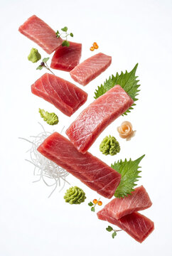 Flying raw tuna sashimi slices with wasabi and shiso leaves on white background