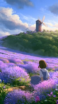 Anime girl sitting in lavender field with windmill on hill