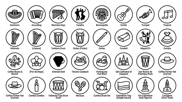 Grid of colombian cultural icons including musical instruments and landmarks with latin culture