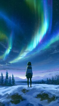 Anime girl standing on snowy hill under aurora borealis sky