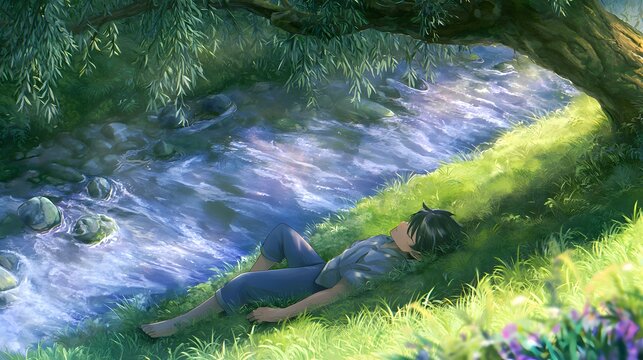 Anime boy resting on grassy bank beside a flowing river stream