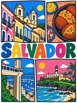 Colorful Salvador, Bahia travel poster panels feature colonial architecture, Brazilian food, a bayfront city view, and a coastal lighthouse.