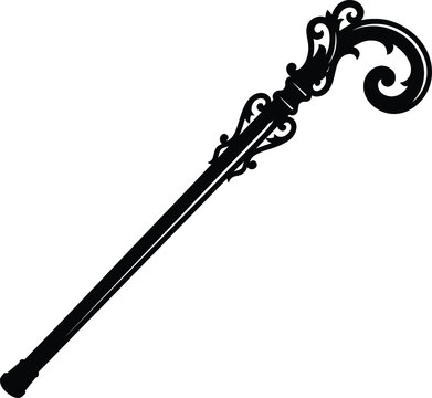 Black silhouette of an ornate bishops crosier staff isolated on a white background for religious design