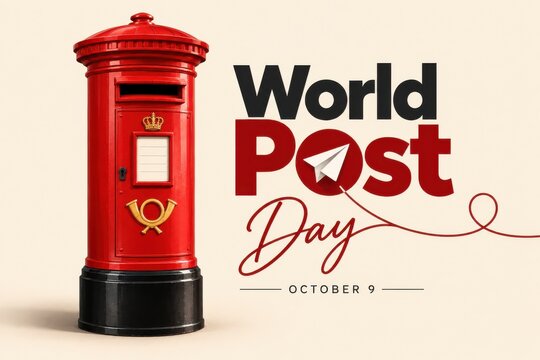 Red postal box with 'World Post Day' text and paper plane during daylight on a soft cream background