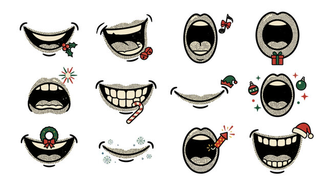 Christmas themed mouth and smile expressions with festive holiday accessories for seasonal character design