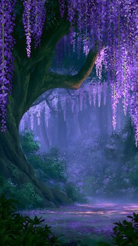 Enchanted forest with large tree and hanging purple wisteria flowers