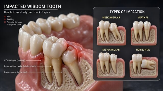 3d medical illustration of dental arch model showing impacted wisdom tooth unable to erupt fully, causing pain and adjacent tooth damage, with a zoomed inset of various impaction angles