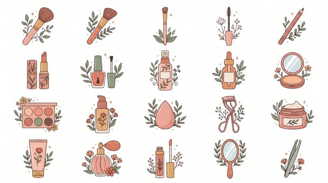 Beauty and cosmetics icon collection featuring makeup brushes, applicators, spray bottle, pencil, decorative botanical elements.