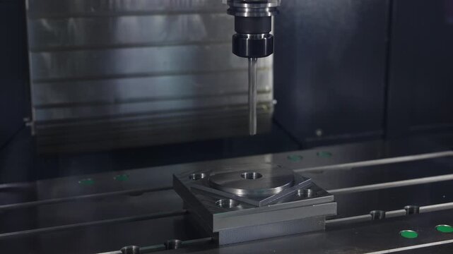 CNC milling spindle descending and poised over clamped metal workpiece with circular recesses and bolt holes inside enclosed machine, technical low angle close-up