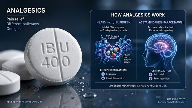 3d medical illustration of analgesic tablet model showing drug mechanism where nsaids inhibit cox enzymes and prostaglandin synthesis while acetaminophen acts centrally for pain relief