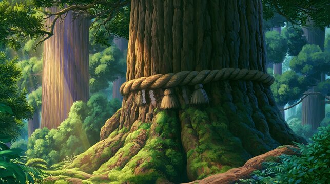 Ancient cedar tree with sacred rope in a sunlit green forest
