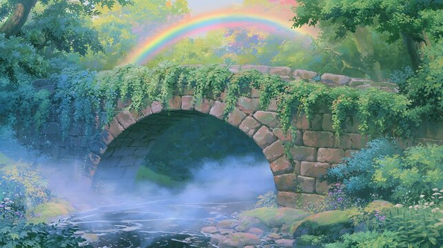 Stone bridge over forest stream with rainbow and mist