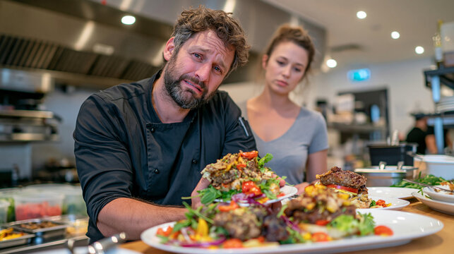 unhappy restaurant kitchen worker accidentally placing the wrong ingredients into a fast food order, looking frustrated and worried, busy commercial kitchen with grills, food containers and preparat
