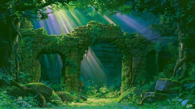 Ancient stone ruins in overgrown jungle with sunbeams and vines