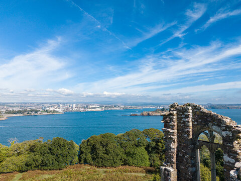 Aerial view from Mount Edgcumbe Folly overlooking Plymouth City and Drakes Island estuary