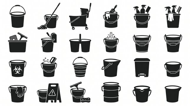 Cleaning bucket icon collection featuring mop, paint, wash containers, housekeeping equipment, monochrome silhouettes, industrial vector set.
