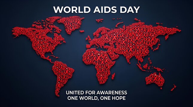World map formed by red ribbons for World AIDS Day awareness.