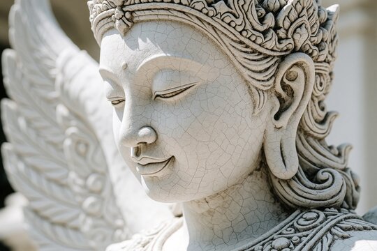 Close up of white stone angel statue head. Thai Buddhist sculpture with detailed carving on face, crown. Mythical creature with wings sits in ancient temple. Religious art symbol of South East Asia