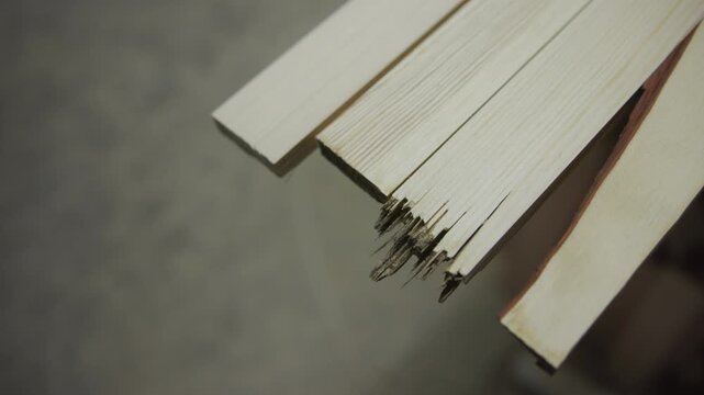 Close-up of narrow pale wood slats with jagged splintered tip and exposed fibers, held diagonally with three-quarter oblique view against neutral gray