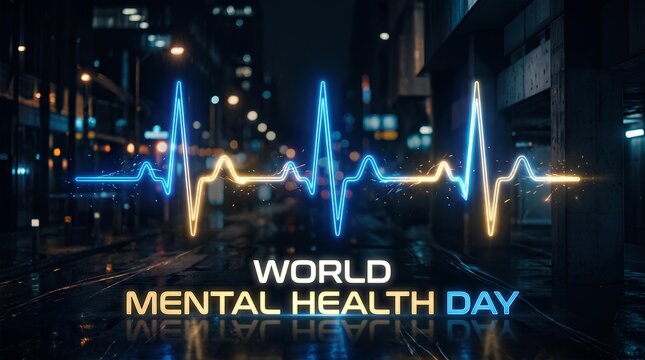 World Mental Health Day banner with a glowing blue heartbeat line over a blurred night city street.