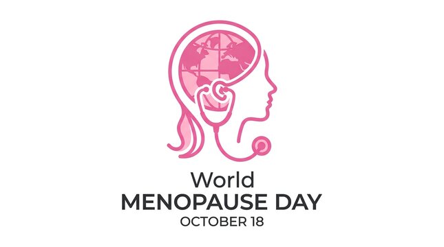 World Menopause Day illustration featuring female silhouette and medical icons for women's health awareness.