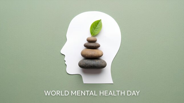 World Mental Health Day concept with profile silhouette and balanced stones.