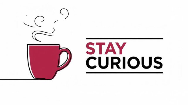 Line art coffee mug animation with stay curious text