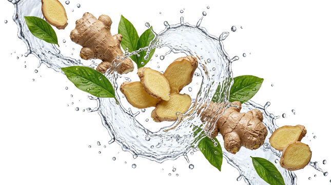Fresh ginger root whole and sliced with green leaves and water splash