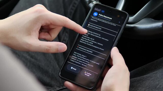 Person opens an official-style police summons on a smartphone, highlighting digital law enforcement, witness notification, paperless procedures and secure government communication.