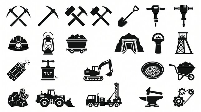 Mining tools icon collection featuring crossed pickaxes, hammers, excavation symbols, industrial equipment silhouettes, monochrome vector set.